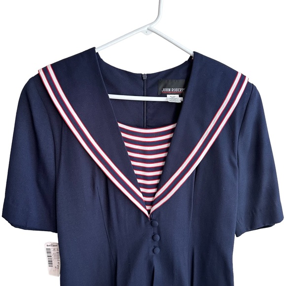 Vintage John Roberts Navy and red stripe dress. 10 - Picture 3 of 10